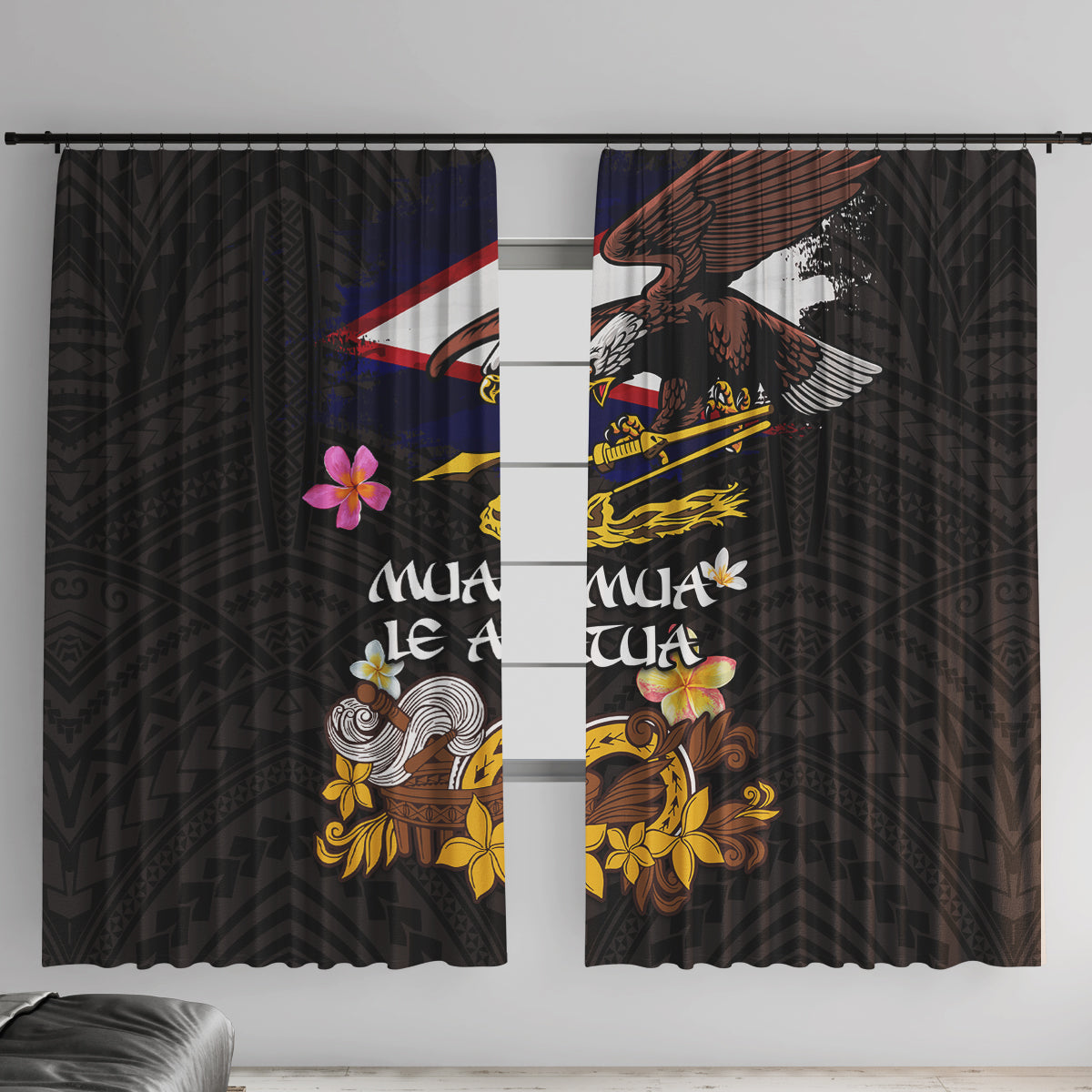 American Samoa Fue and Kava Bowl Window Curtain Plumeria and Polynesian Pattern LT03 With Hooks Black - Polynesian Pride