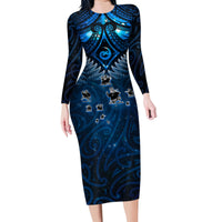 New Zealand Matariki Family Matching Long Sleeve Bodycon Dress and Hawaiian Shirt Maori Pattern and Kiwi Bird Haka Dance Sky Night