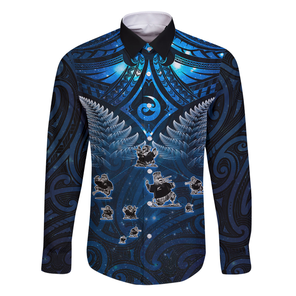New Zealand Matariki Family Matching Off The Shoulder Long Sleeve Dress and Hawaiian Shirt Maori Pattern and Kiwi Bird Haka Dance Sky Night