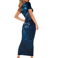 New Zealand Matariki Family Matching Short Sleeve Bodycon Dress and Hawaiian Shirt Maori Pattern and Kiwi Bird Haka Dance Sky Night