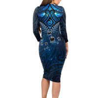 New Zealand Matariki Long Sleeve Bodycon Dress Maori Pattern and Kiwi Bird Haka Dance Sky Night