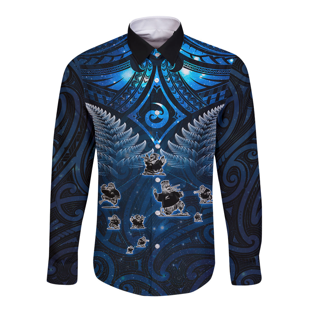 New Zealand Matariki Long Sleeve Button Shirt Maori Pattern and Kiwi Bird Haka Dance Sky Night