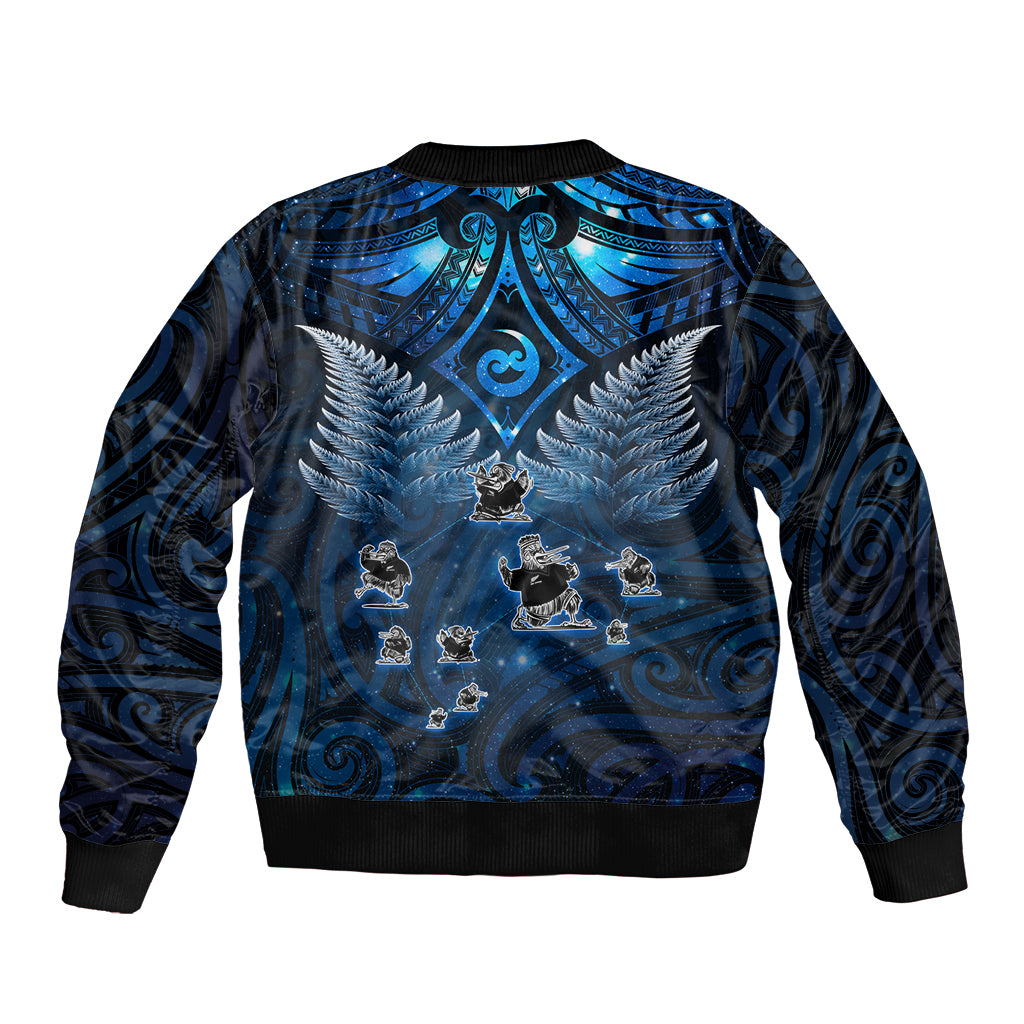 New Zealand Matariki Sleeve Zip Bomber Jacket Maori Pattern and Kiwi Bird Haka Dance Sky Night