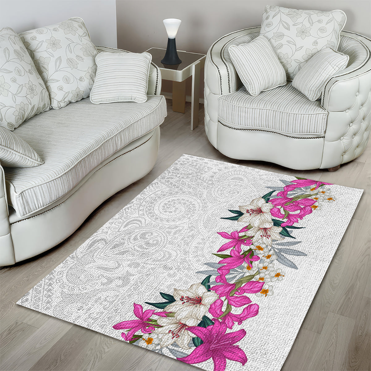 Hawaii Tropical Leaves and Flowers Area Rug Tribal Polynesian Pattern White Style
