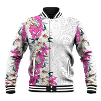 Hawaii Tropical Leaves and Flowers Baseball Jacket Tribal Polynesian Pattern White Style