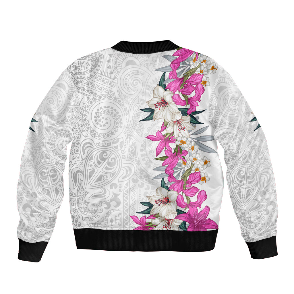 Hawaii Tropical Leaves and Flowers Bomber Jacket Tribal Polynesian Pattern White Style