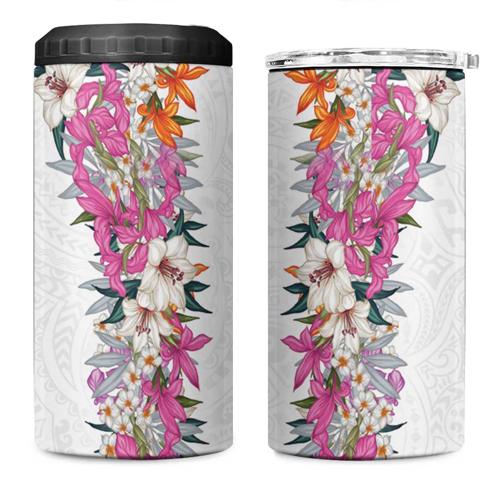 Hawaii Tropical Leaves and Flowers 4 in 1 Can Cooler Tumbler Tribal Polynesian Pattern White Style