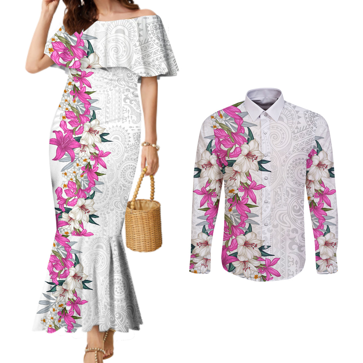 Hawaii Tropical Leaves and Flowers Couples Matching Mermaid Dress and Long Sleeve Button Shirt Tribal Polynesian Pattern White Style