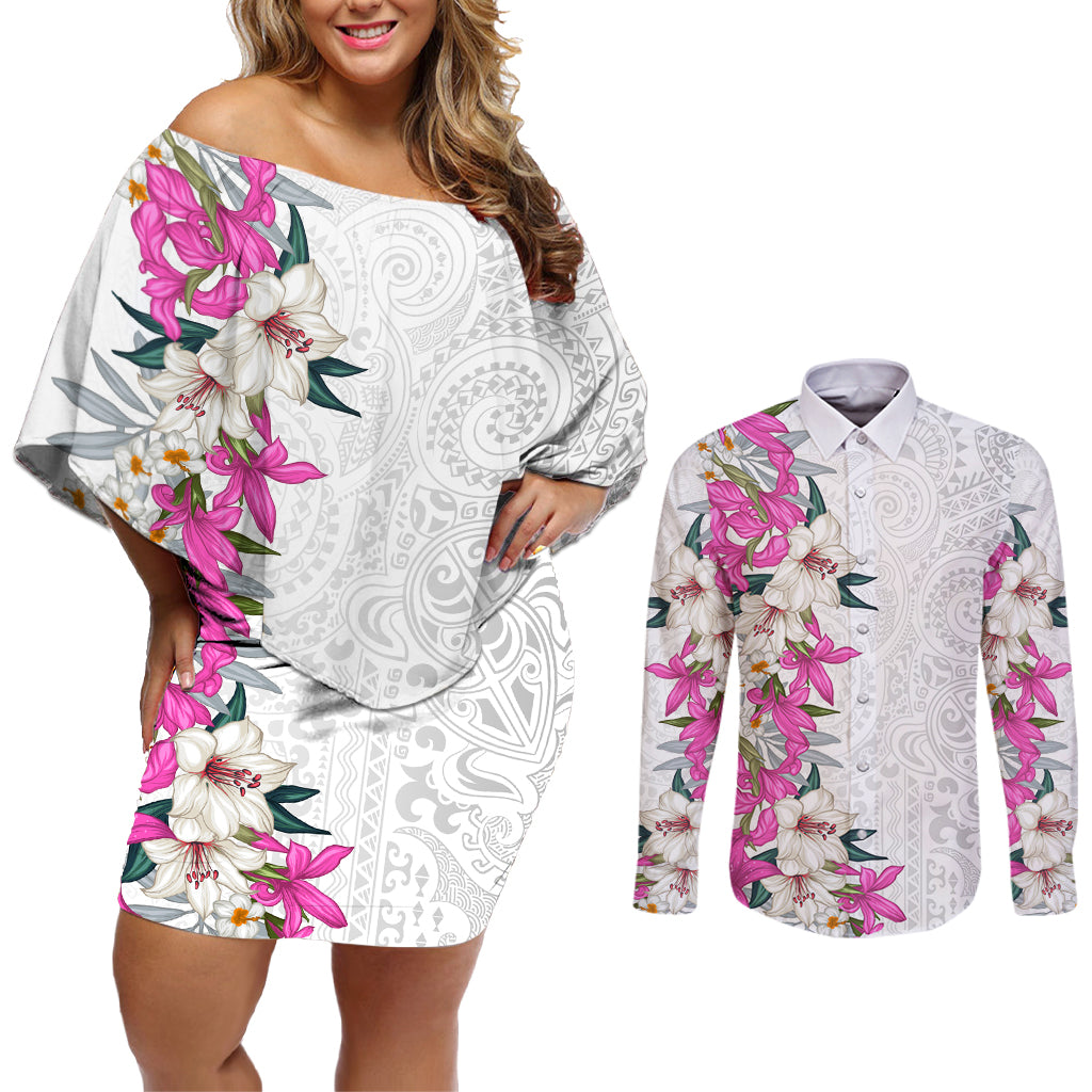Hawaii Tropical Leaves and Flowers Couples Matching Off Shoulder Short Dress and Long Sleeve Button Shirt Tribal Polynesian Pattern White Style