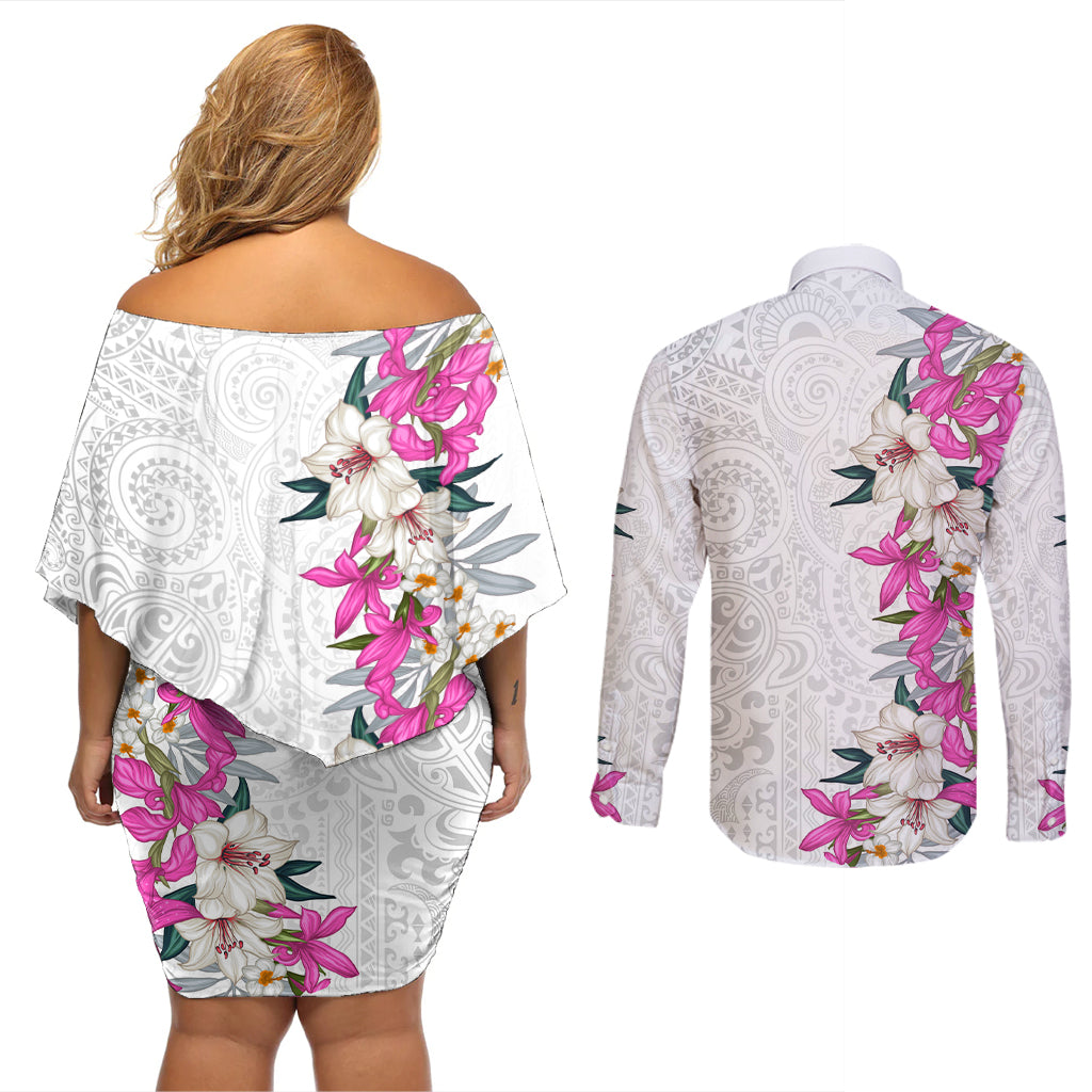Hawaii Tropical Leaves and Flowers Couples Matching Off Shoulder Short Dress and Long Sleeve Button Shirt Tribal Polynesian Pattern White Style