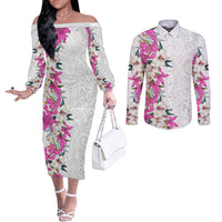 Hawaii Tropical Leaves and Flowers Couples Matching Off The Shoulder Long Sleeve Dress and Long Sleeve Button Shirt Tribal Polynesian Pattern White Style