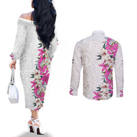 Hawaii Tropical Leaves and Flowers Couples Matching Off The Shoulder Long Sleeve Dress and Long Sleeve Button Shirt Tribal Polynesian Pattern White Style