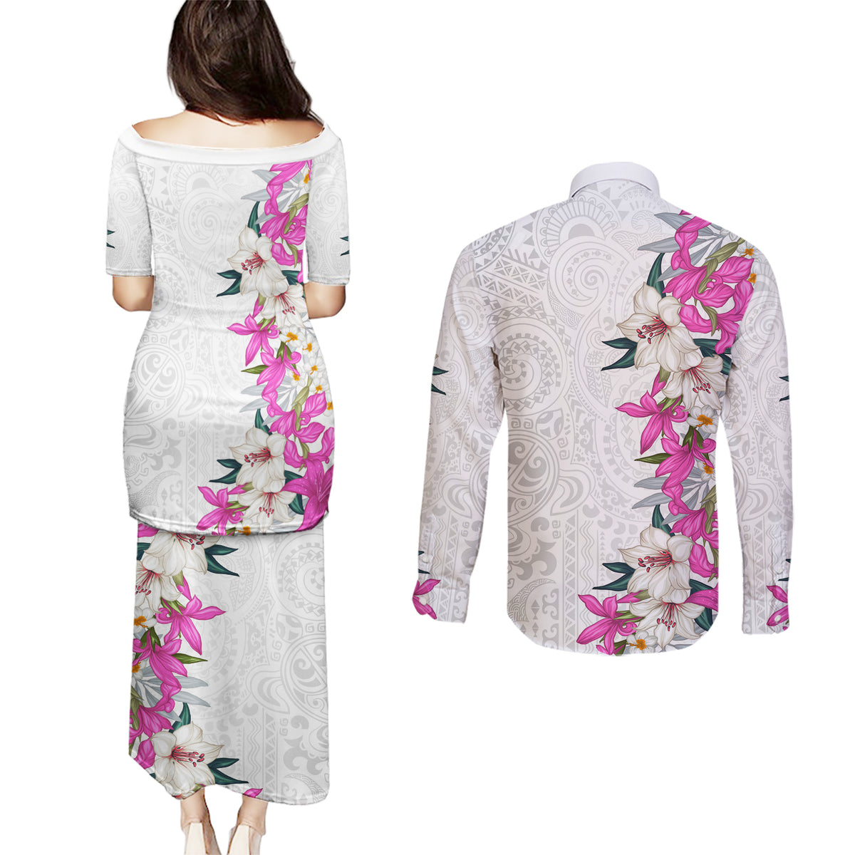 Hawaii Tropical Leaves and Flowers Couples Matching Puletasi and Long Sleeve Button Shirt Tribal Polynesian Pattern White Style