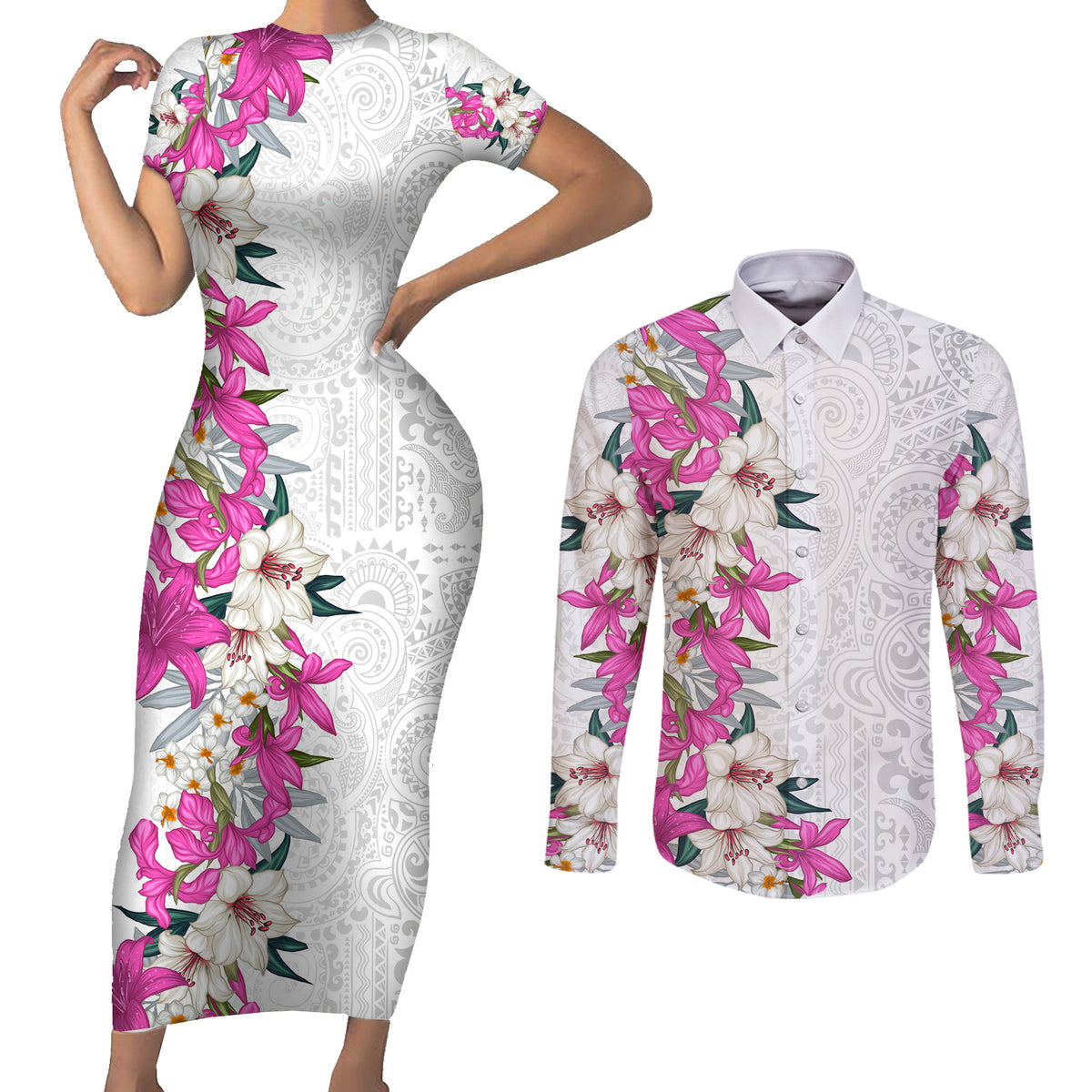Hawaii Tropical Leaves and Flowers Couples Matching Short Sleeve Bodycon Dress and Long Sleeve Button Shirt Tribal Polynesian Pattern White Style