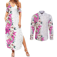Hawaii Tropical Leaves and Flowers Couples Matching Summer Maxi Dress and Long Sleeve Button Shirt Tribal Polynesian Pattern White Style