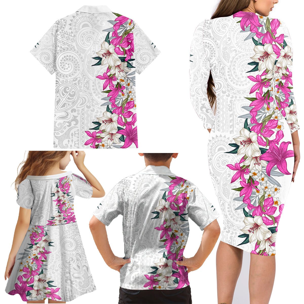 Hawaii Tropical Leaves and Flowers Family Matching Long Sleeve Bodycon Dress and Hawaiian Shirt Tribal Polynesian Pattern White Style
