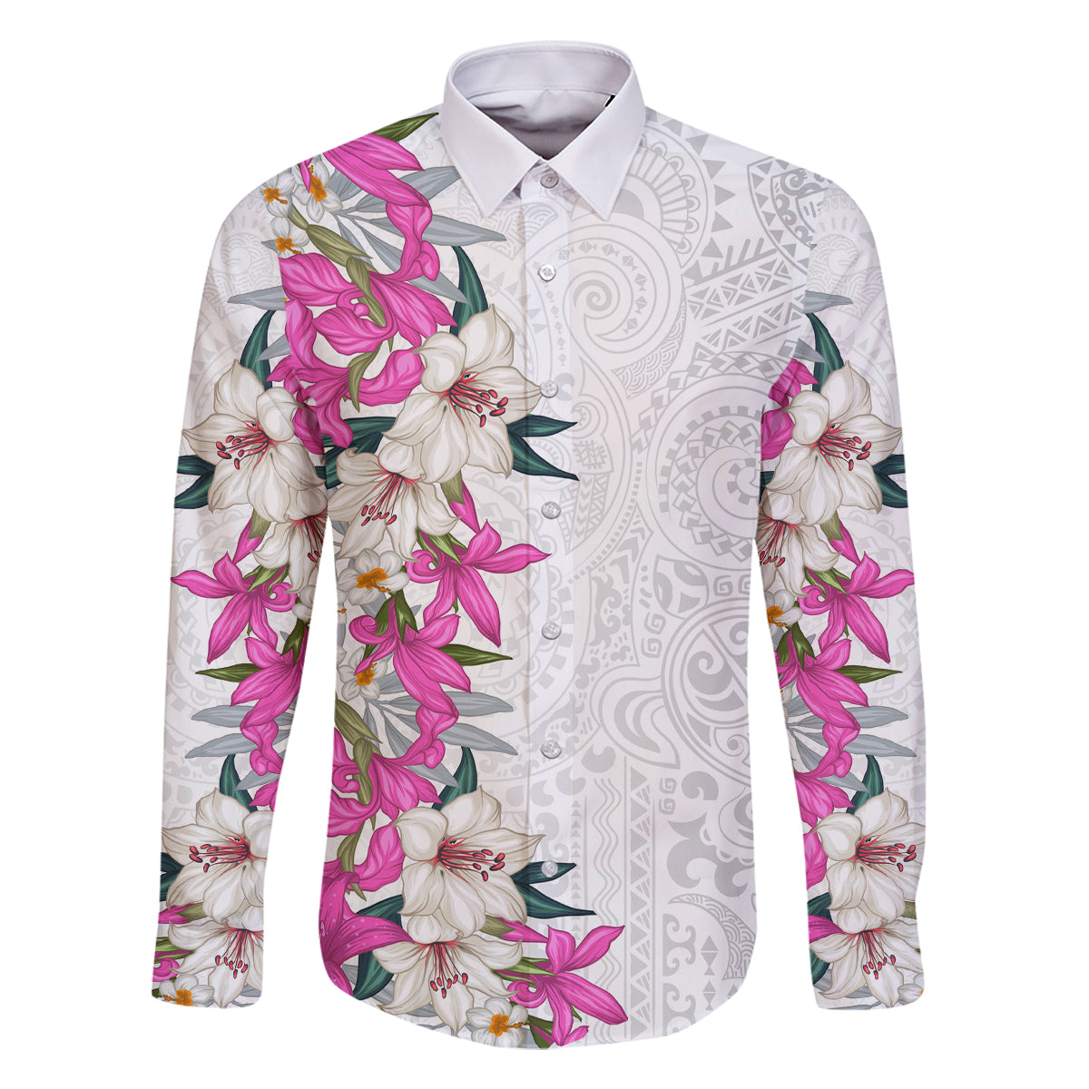 Hawaii Tropical Leaves and Flowers Family Matching Long Sleeve Bodycon Dress and Hawaiian Shirt Tribal Polynesian Pattern White Style