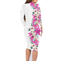Hawaii Tropical Leaves and Flowers Family Matching Long Sleeve Bodycon Dress and Hawaiian Shirt Tribal Polynesian Pattern White Style