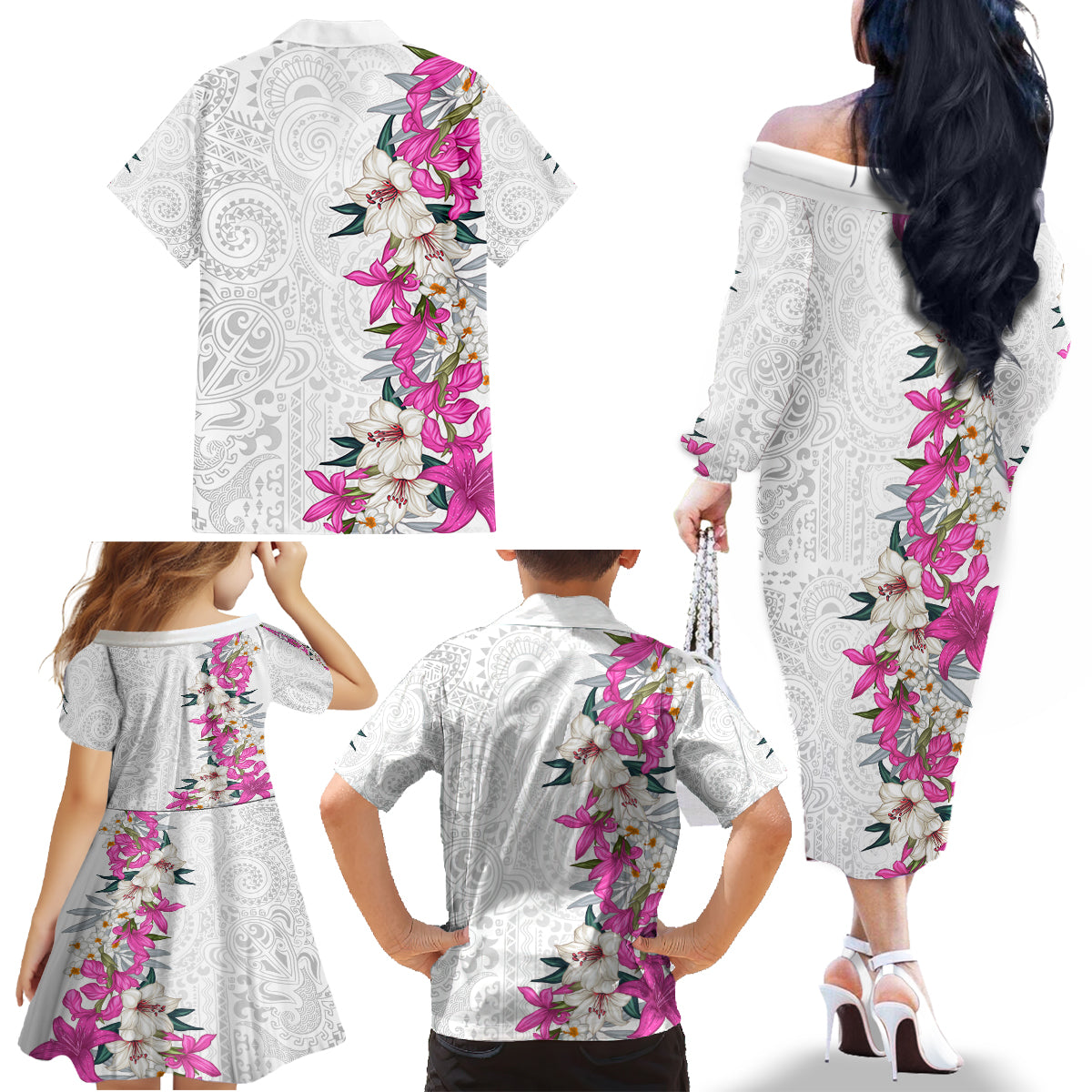Hawaii Tropical Leaves and Flowers Family Matching Off The Shoulder Long Sleeve Dress and Hawaiian Shirt Tribal Polynesian Pattern White Style
