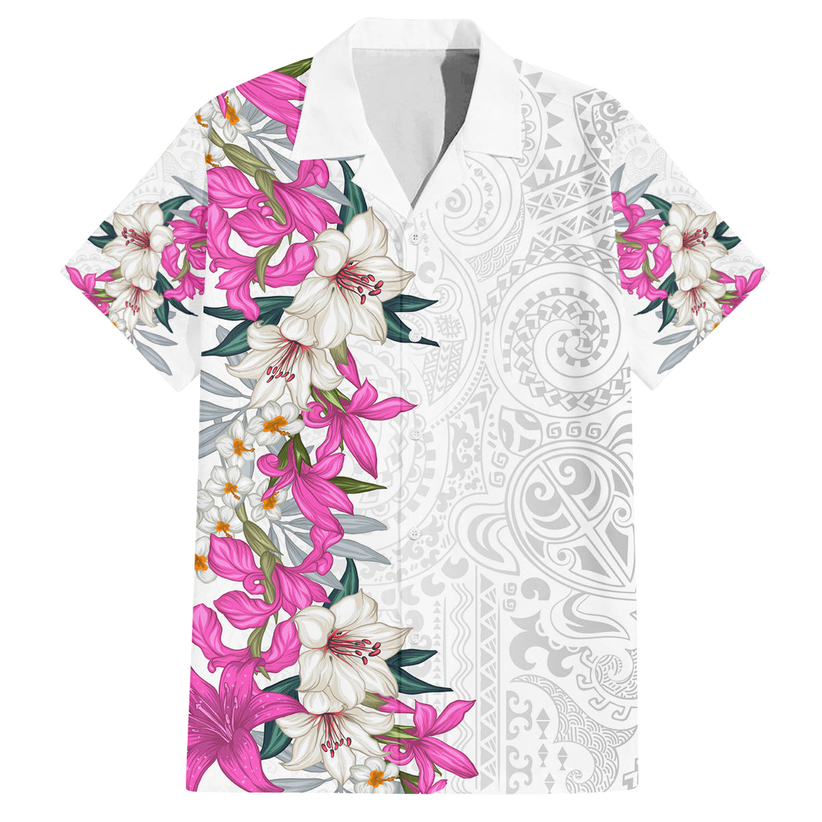 Hawaii Tropical Leaves and Flowers Family Matching Off The Shoulder Long Sleeve Dress and Hawaiian Shirt Tribal Polynesian Pattern White Style