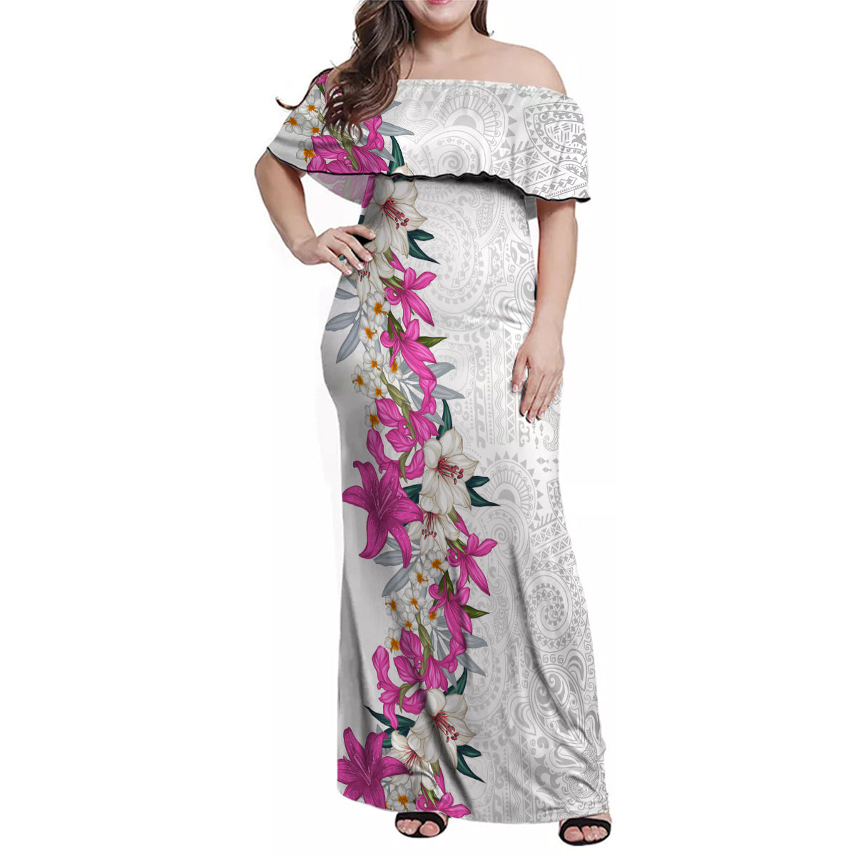 Hawaii Tropical Leaves and Flowers Family Matching Off Shoulder Maxi Dress and Hawaiian Shirt Tribal Polynesian Pattern White Style