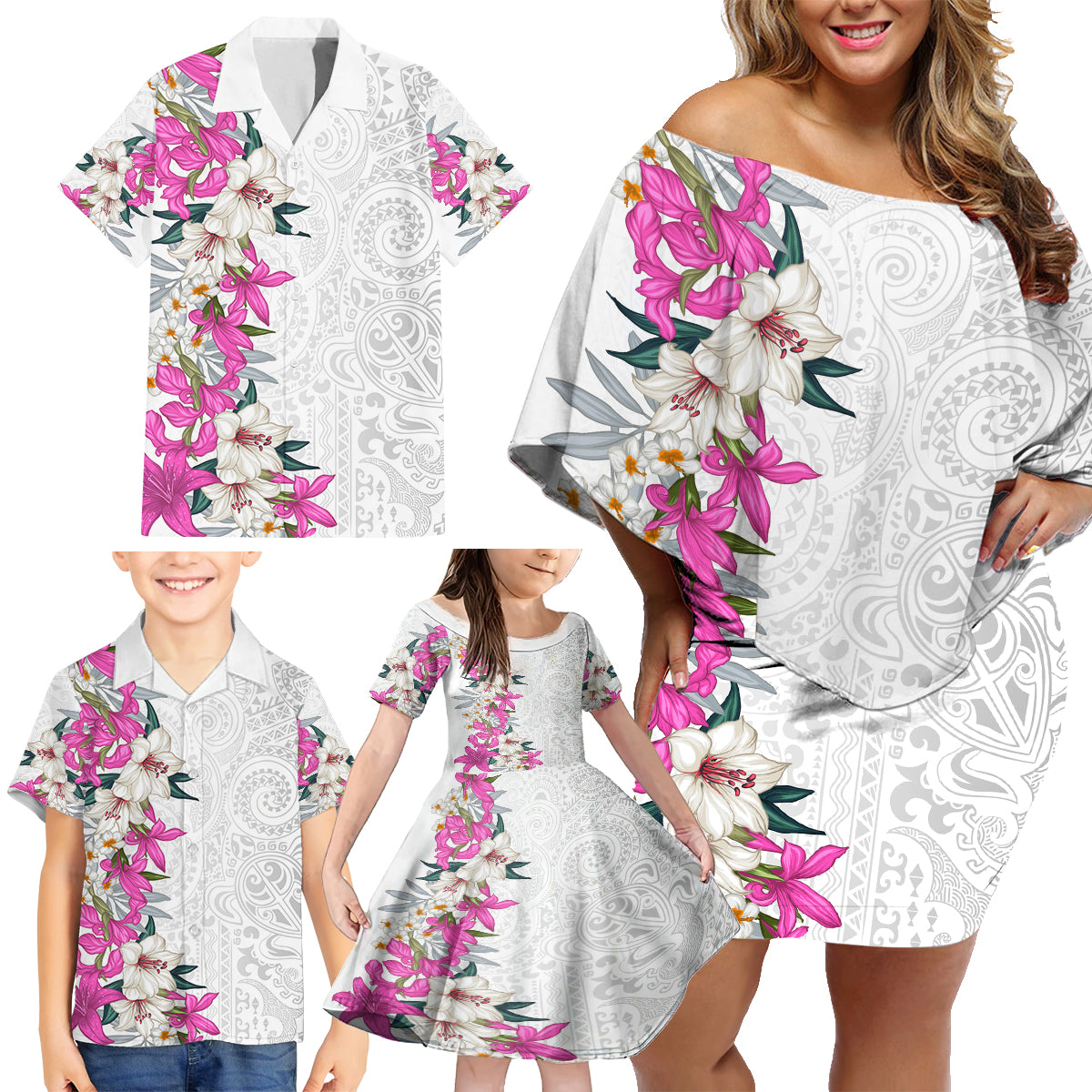Hawaii Tropical Leaves and Flowers Family Matching Off Shoulder Short Dress and Hawaiian Shirt Tribal Polynesian Pattern White Style