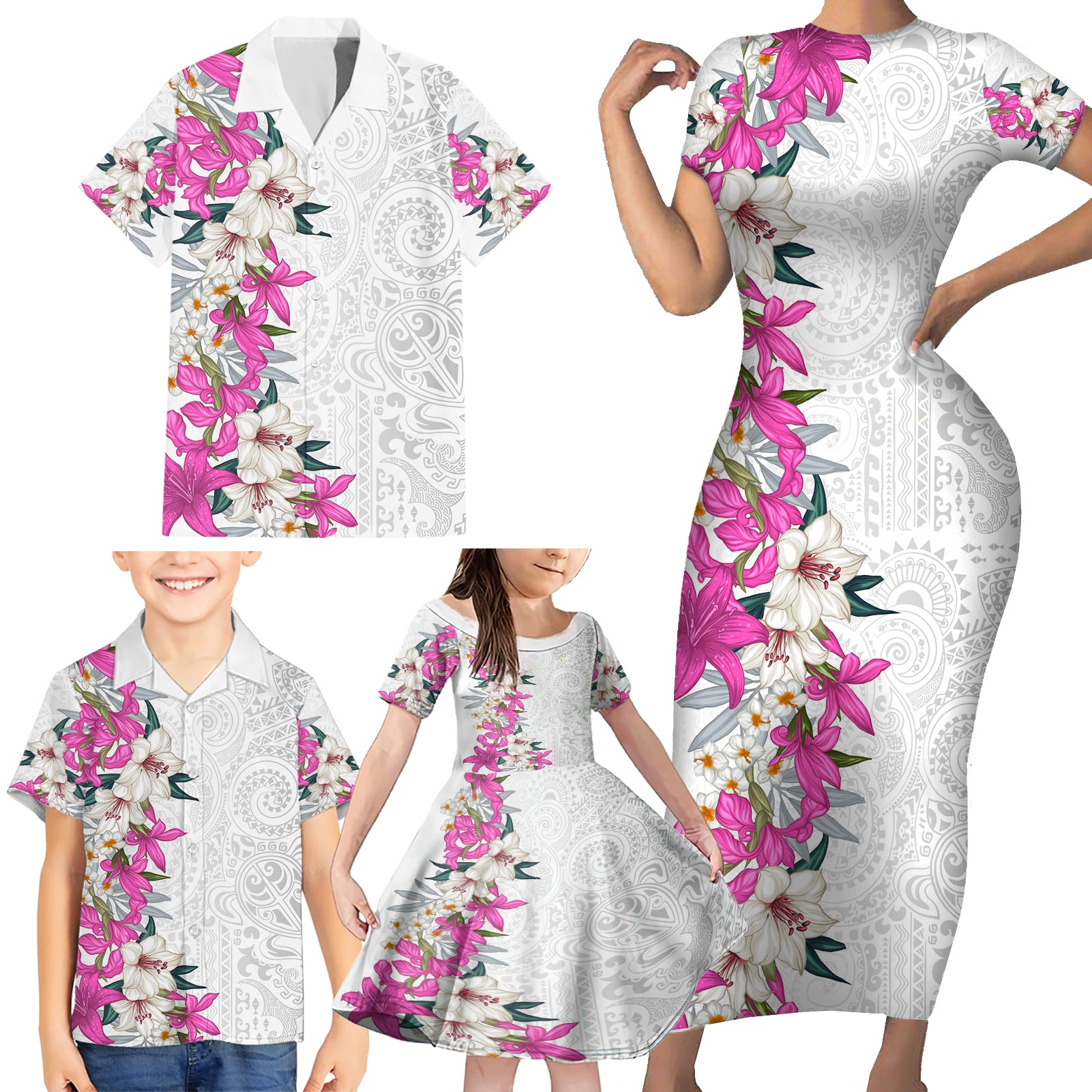Hawaii Tropical Leaves and Flowers Family Matching Short Sleeve Bodycon Dress and Hawaiian Shirt Tribal Polynesian Pattern White Style