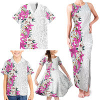 Hawaii Tropical Leaves and Flowers Family Matching Tank Maxi Dress and Hawaiian Shirt Tribal Polynesian Pattern White Style