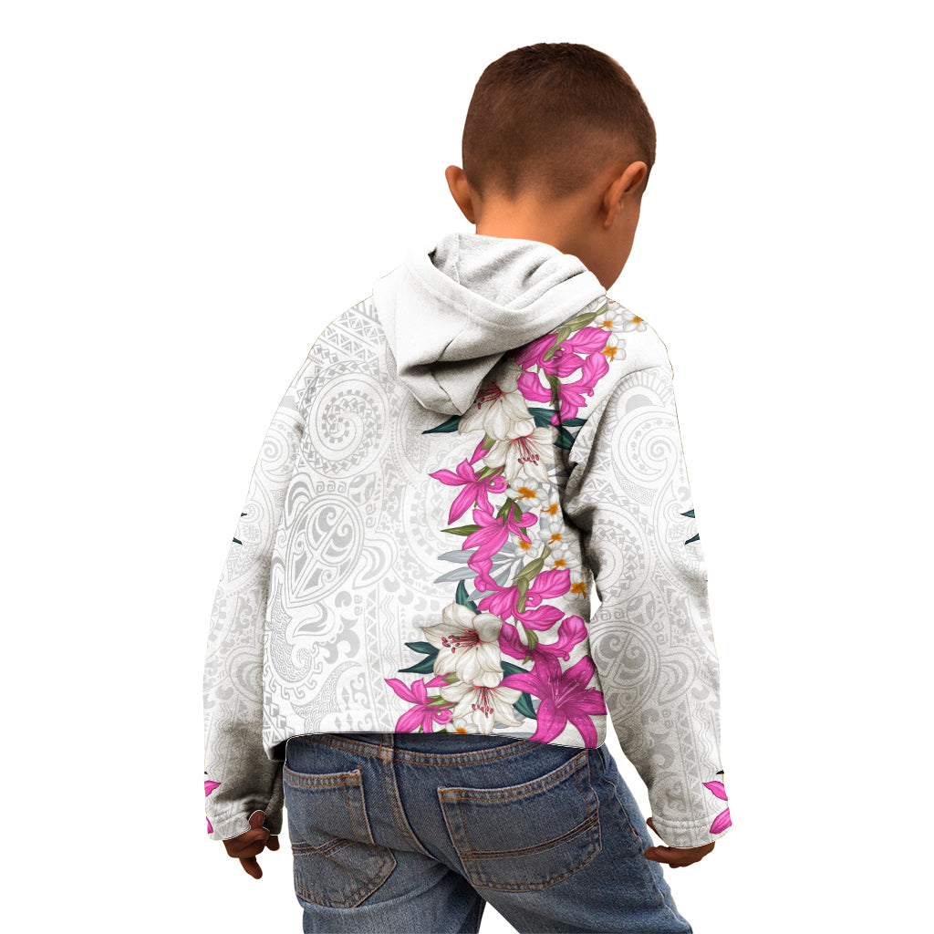 Hawaii Tropical Leaves and Flowers Kid Hoodie Tribal Polynesian Pattern White Style
