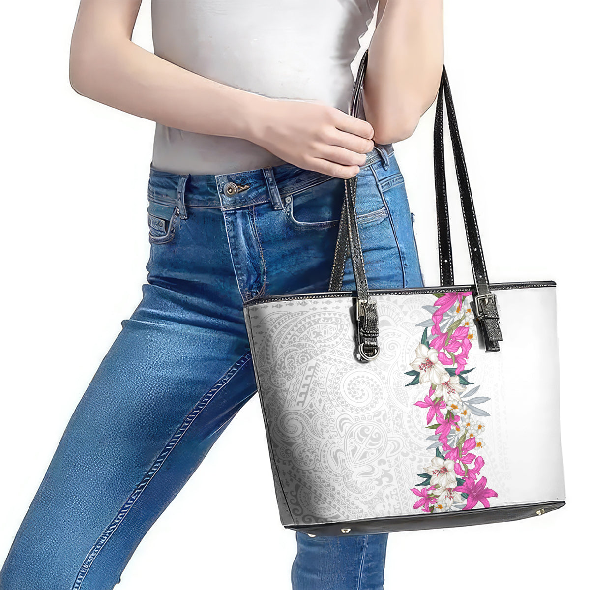 Hawaii Tropical Leaves and Flowers Leather Tote Bag Tribal Polynesian Pattern White Style