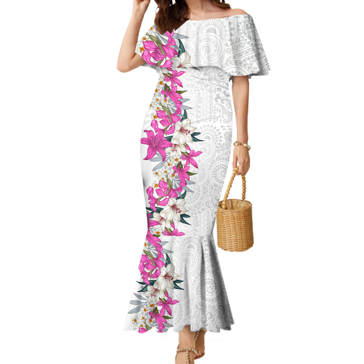Hawaii Tropical Leaves and Flowers Mermaid Dress Tribal Polynesian Pattern White Style