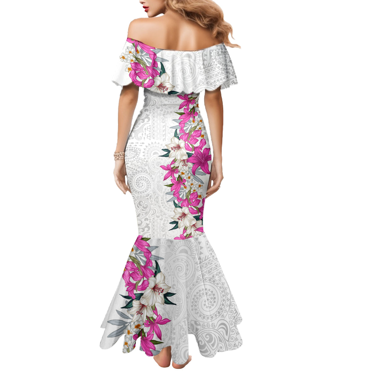 Hawaii Tropical Leaves and Flowers Mermaid Dress Tribal Polynesian Pattern White Style