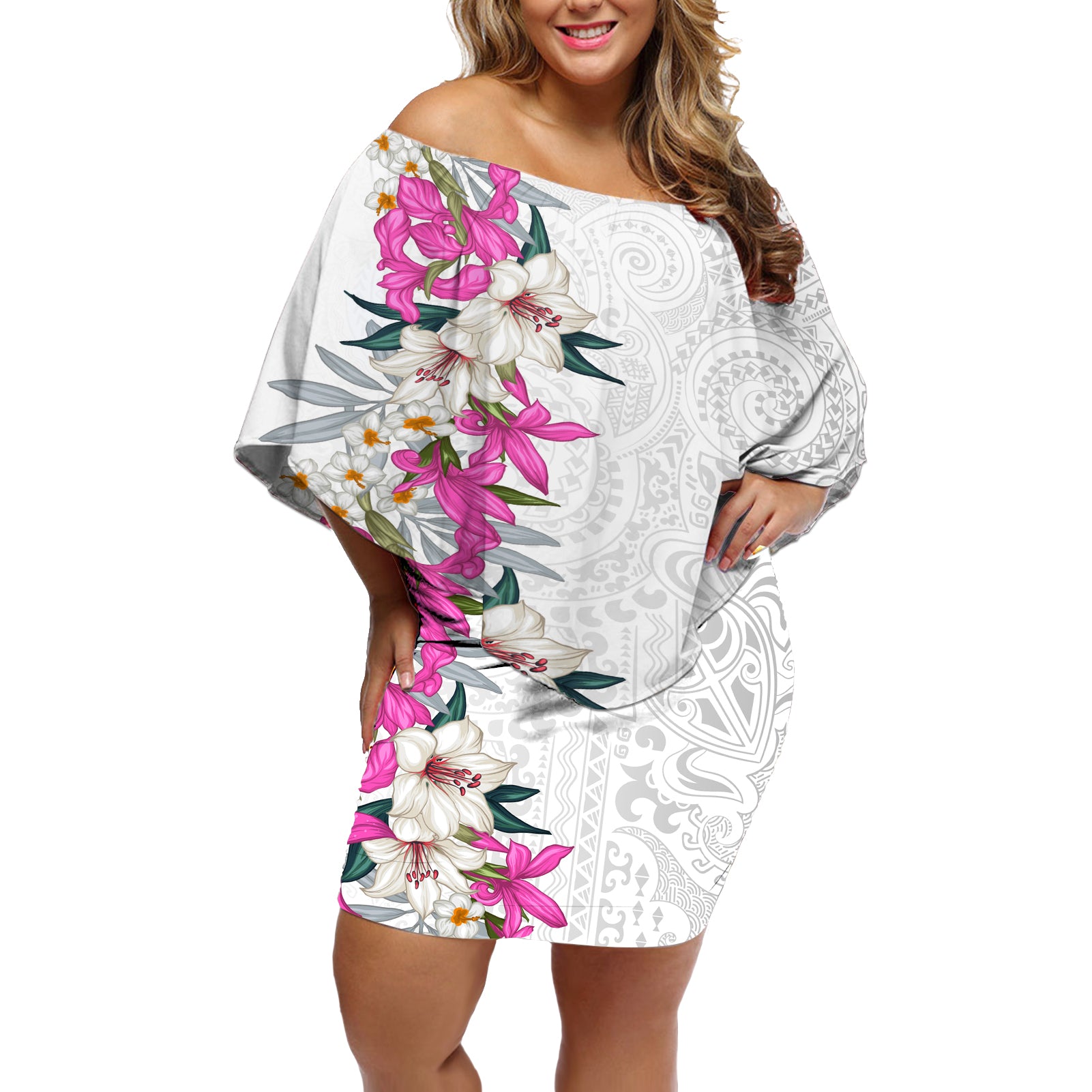 Hawaii Tropical Leaves and Flowers Off Shoulder Short Dress Tribal Polynesian Pattern White Style