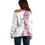 Hawaii Tropical Leaves and Flowers Off Shoulder Sweater Tribal Polynesian Pattern White Style