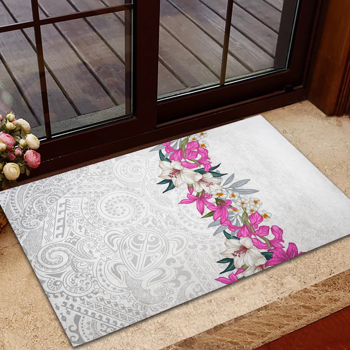 Hawaii Tropical Leaves and Flowers Rubber Doormat Tribal Polynesian Pattern White Style