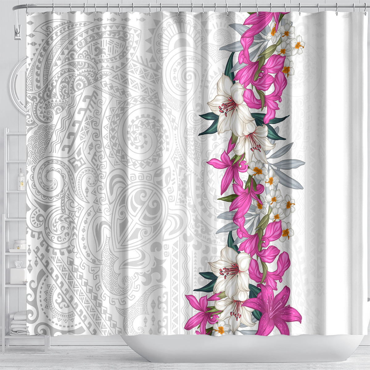 Hawaii Tropical Leaves and Flowers Shower Curtain Tribal Polynesian Pattern White Style