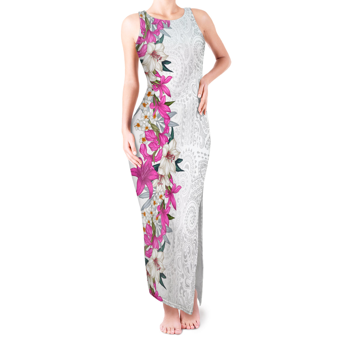 Hawaii Tropical Leaves and Flowers Tank Maxi Dress Tribal Polynesian Pattern White Style