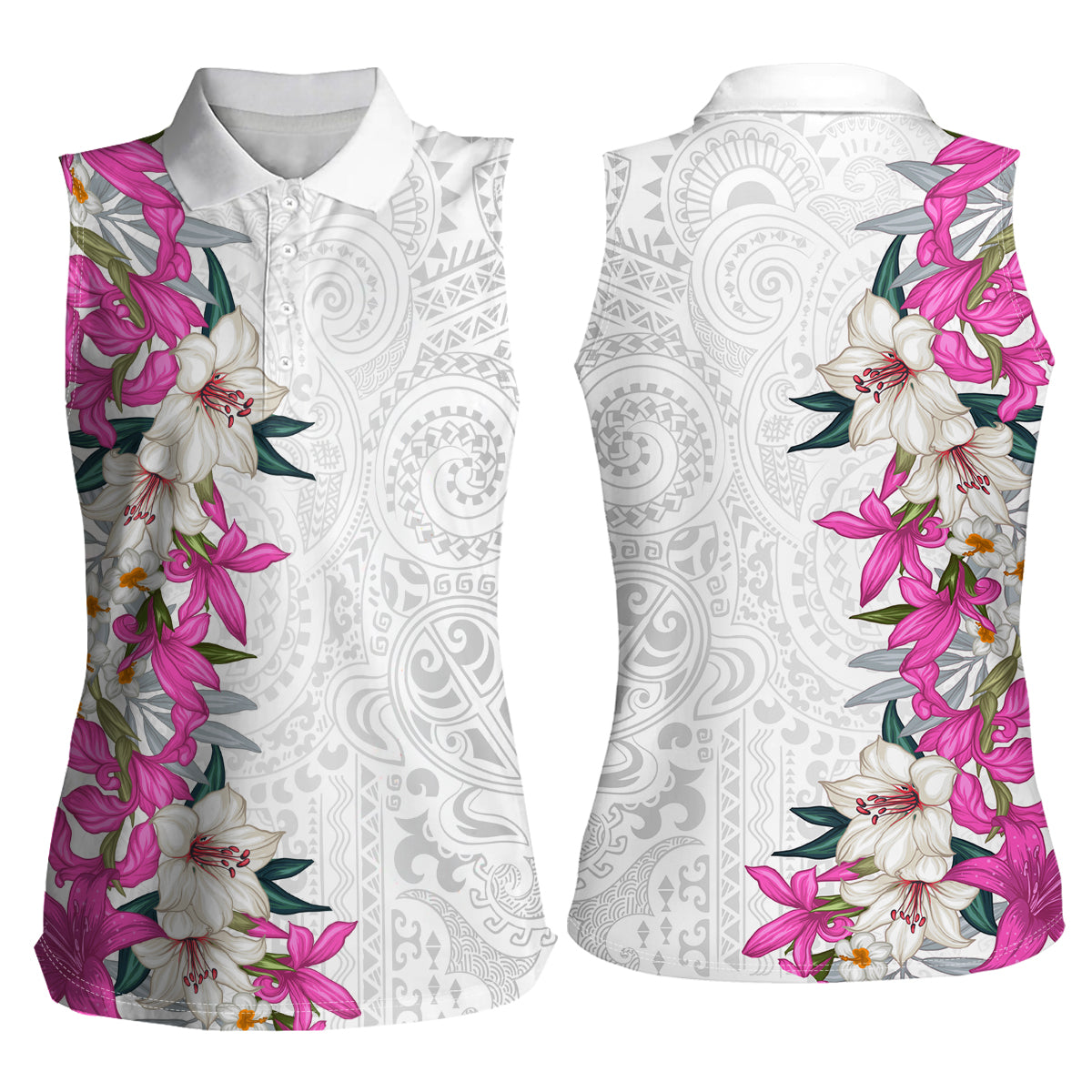 Hawaii Tropical Leaves and Flowers Women Sleeveless Polo Shirt Tribal Polynesian Pattern White Style