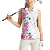 Hawaii Tropical Leaves and Flowers Women Sleeveless Polo Shirt Tribal Polynesian Pattern White Style