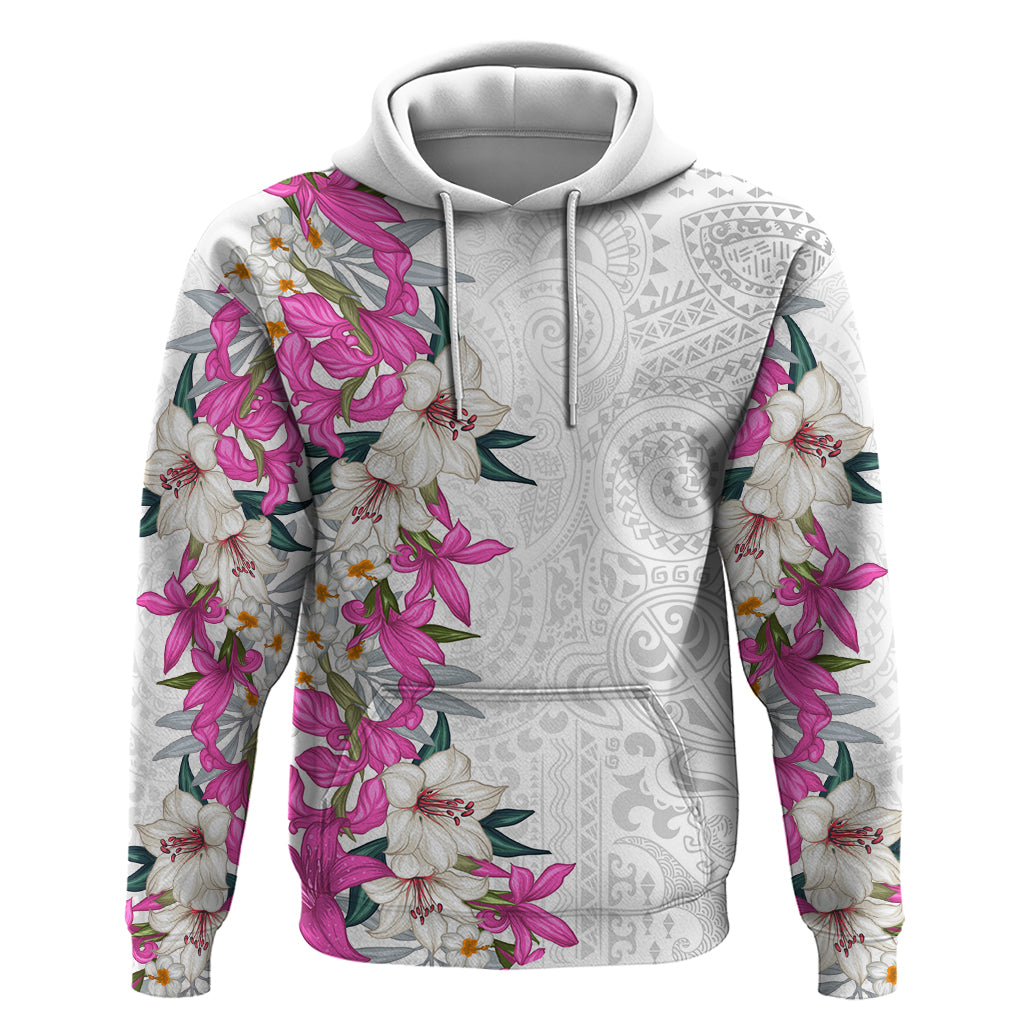 Hawaii Tropical Leaves and Flowers Zip Hoodie Tribal Polynesian Pattern White Style