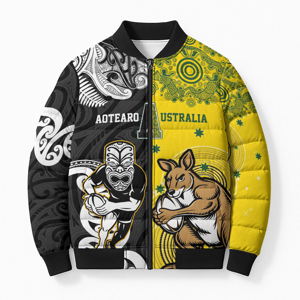Aotearoa New Zealand and Australia Rugby Personalized Bomber Puffer Jacket Maori Koru and Aboriginal Dot Art Cultural Heritage LT03 Unisex Multicolor - Polynesian Pride
