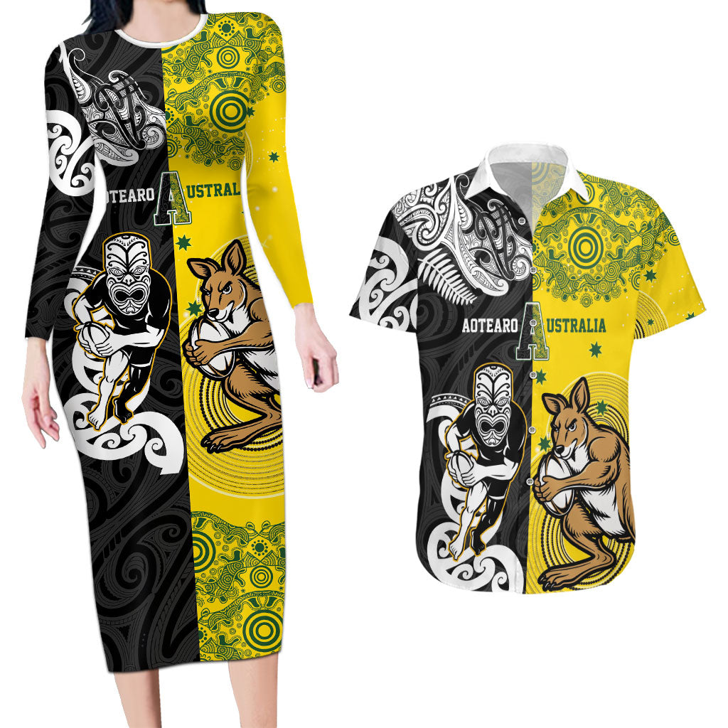 Aotearoa New Zealand and Australia Rugby Personalized Couples Matching Long Sleeve Bodycon Dress and Hawaiian Shirt Maori Koru and Aboriginal Dot Art Cultural Heritage LT03 Multicolor - Polynesian Pride