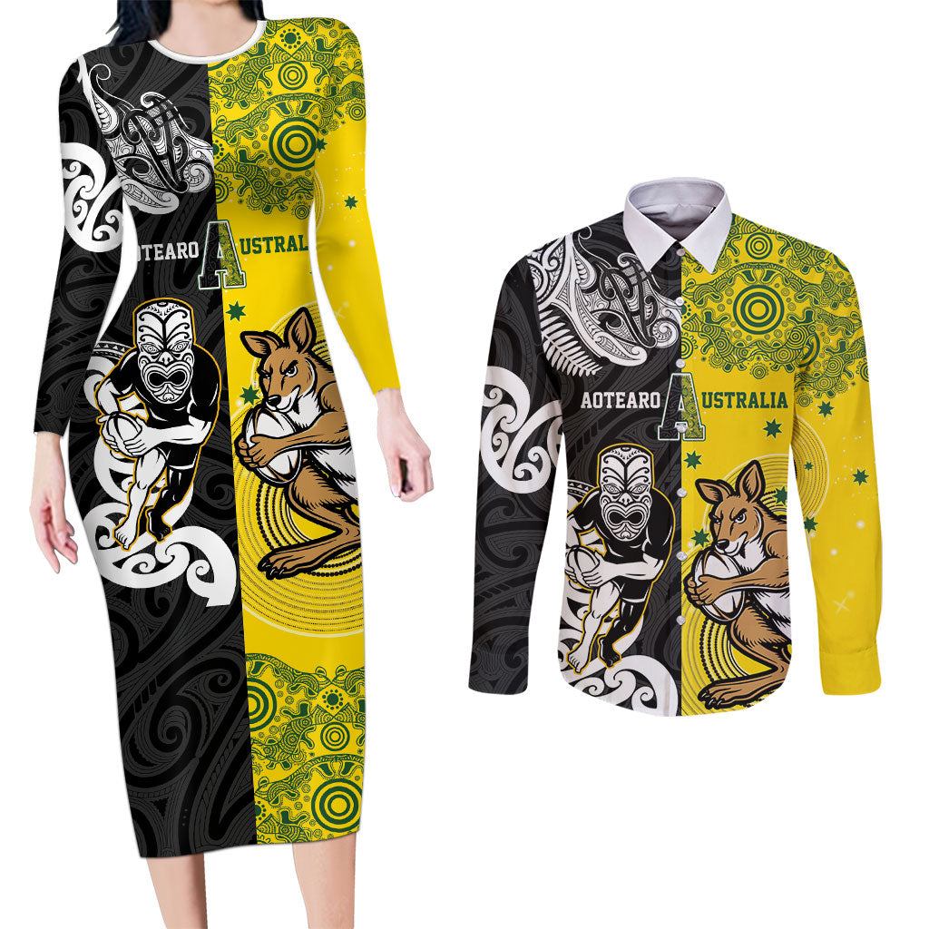Aotearoa New Zealand and Australia Rugby Personalized Couples Matching Long Sleeve Bodycon Dress and Long Sleeve Button Shirt Maori Koru and Aboriginal Dot Art Cultural Heritage LT03 Multicolor - Polynesian Pride