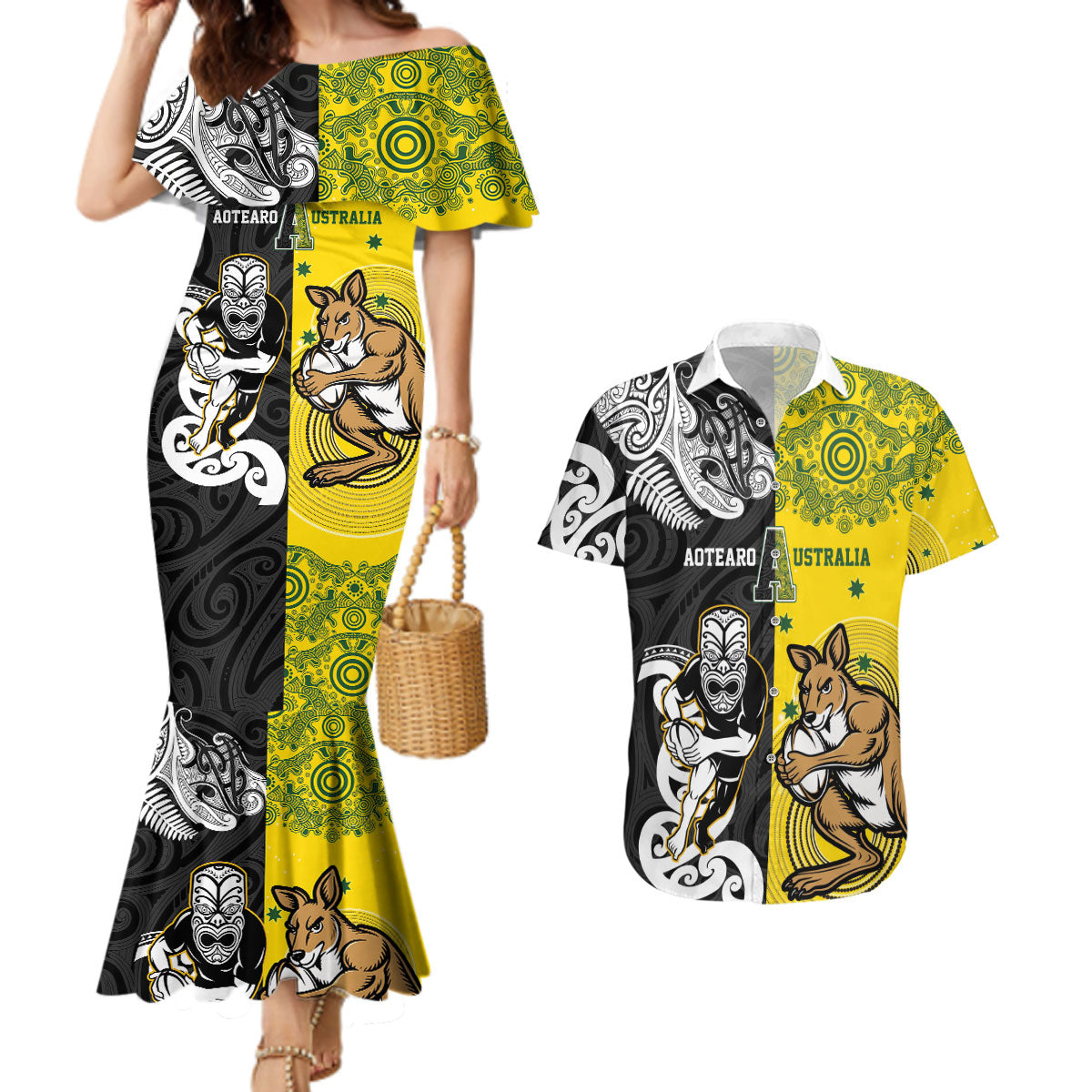 Aotearoa New Zealand and Australia Rugby Personalized Couples Matching Mermaid Dress and Hawaiian Shirt Maori Koru and Aboriginal Dot Art Cultural Heritage LT03 Multicolor - Polynesian Pride