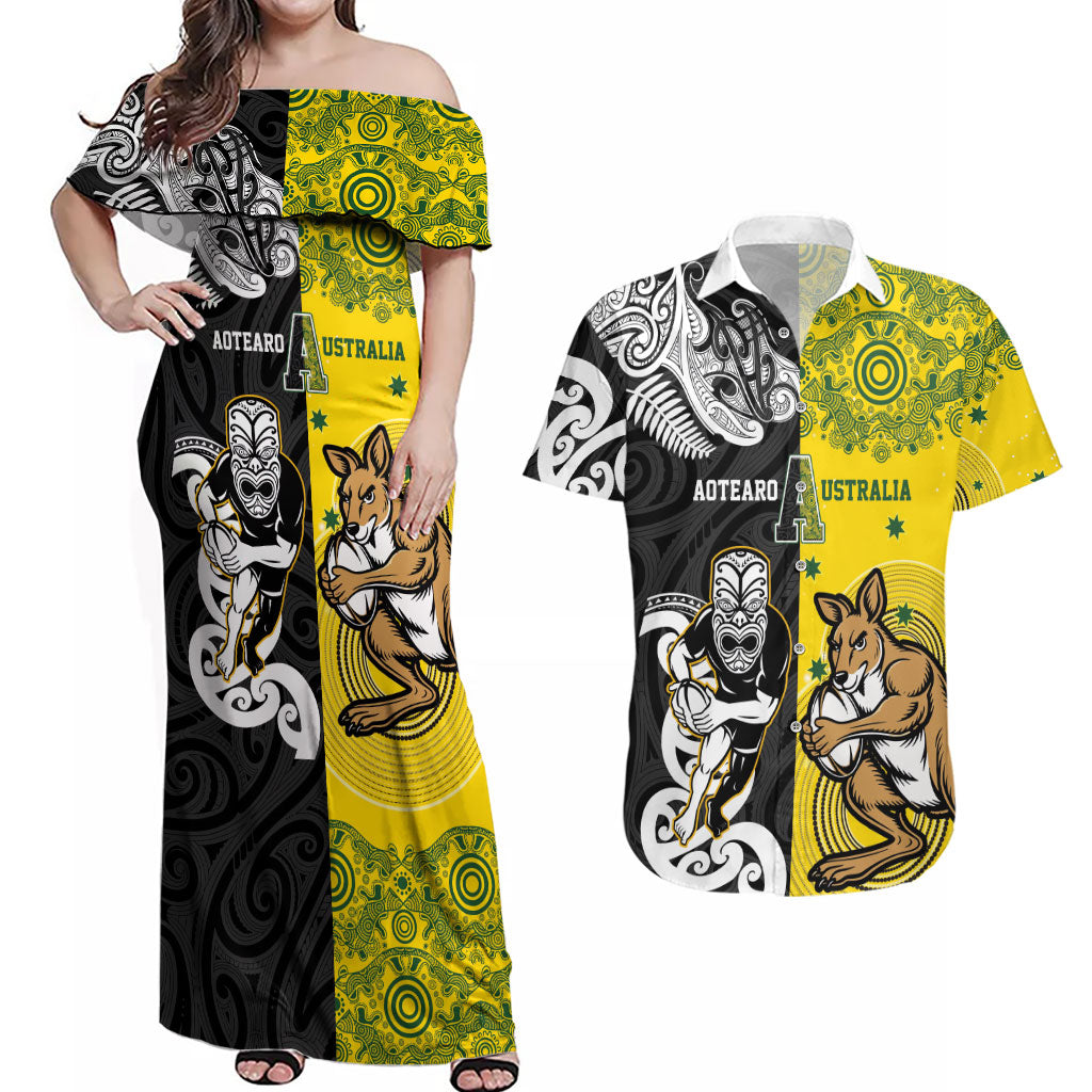 Aotearoa New Zealand and Australia Rugby Personalized Couples Matching Off Shoulder Maxi Dress and Hawaiian Shirt Maori Koru and Aboriginal Dot Art Cultural Heritage LT03 Multicolor - Polynesian Pride