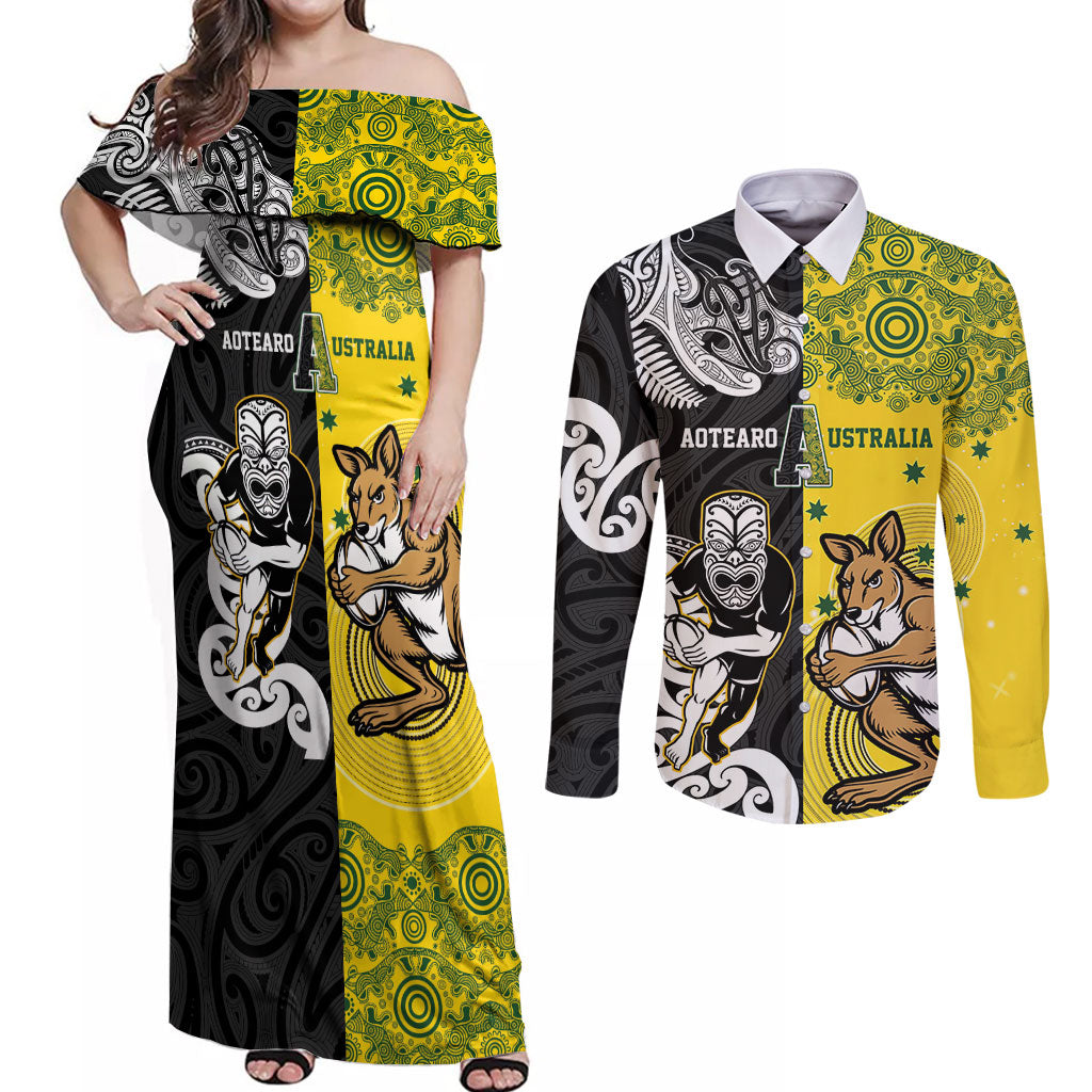 Aotearoa New Zealand and Australia Rugby Personalized Couples Matching Off Shoulder Maxi Dress and Long Sleeve Button Shirt Maori Koru and Aboriginal Dot Art Cultural Heritage LT03 Multicolor - Polynesian Pride