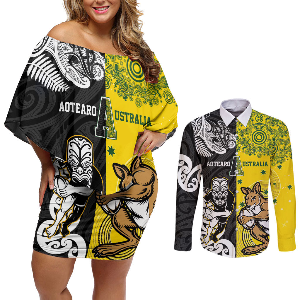 Aotearoa New Zealand and Australia Rugby Personalized Couples Matching Off Shoulder Short Dress and Long Sleeve Button Shirt Maori Koru and Aboriginal Dot Art Cultural Heritage LT03 Multicolor - Polynesian Pride