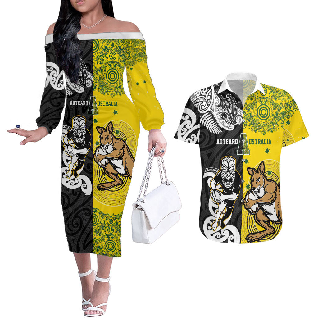 Aotearoa New Zealand and Australia Rugby Personalized Couples Matching Off The Shoulder Long Sleeve Dress and Hawaiian Shirt Maori Koru and Aboriginal Dot Art Cultural Heritage LT03 Multicolor - Polynesian Pride