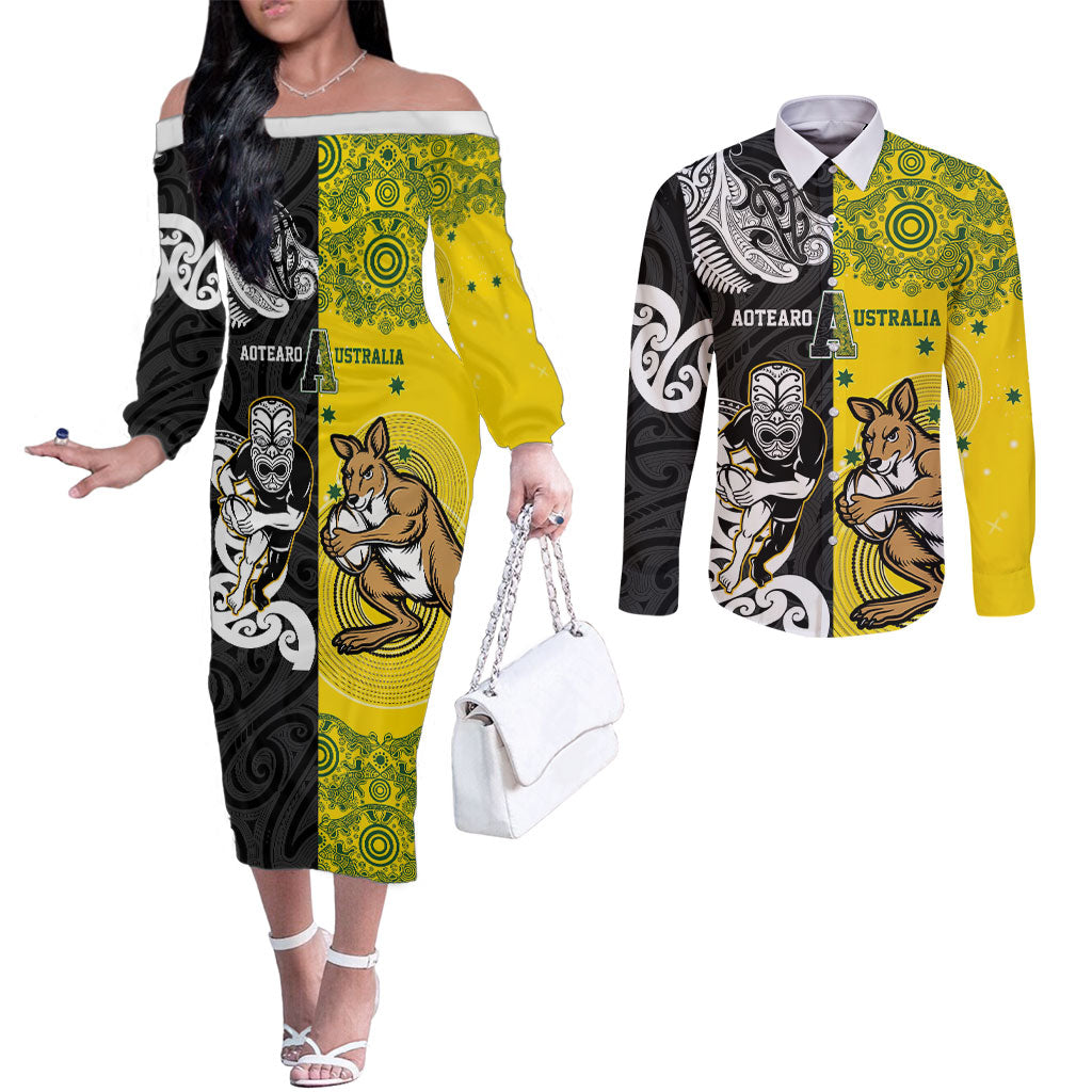 Aotearoa New Zealand and Australia Rugby Personalized Couples Matching Off The Shoulder Long Sleeve Dress and Long Sleeve Button Shirt Maori Koru and Aboriginal Dot Art Cultural Heritage LT03 Multicolor - Polynesian Pride