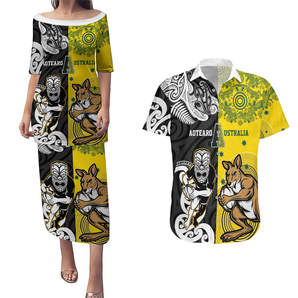 Aotearoa New Zealand and Australia Rugby Personalized Couples Matching Puletasi and Hawaiian Shirt Maori Koru and Aboriginal Dot Art Cultural Heritage LT03 Multicolor - Polynesian Pride